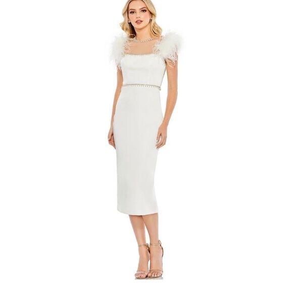 NEW Mac Duggal White Feather Cap Sleeve Pearl Embellished midi Dress Size 4 - Picture 13 of 14